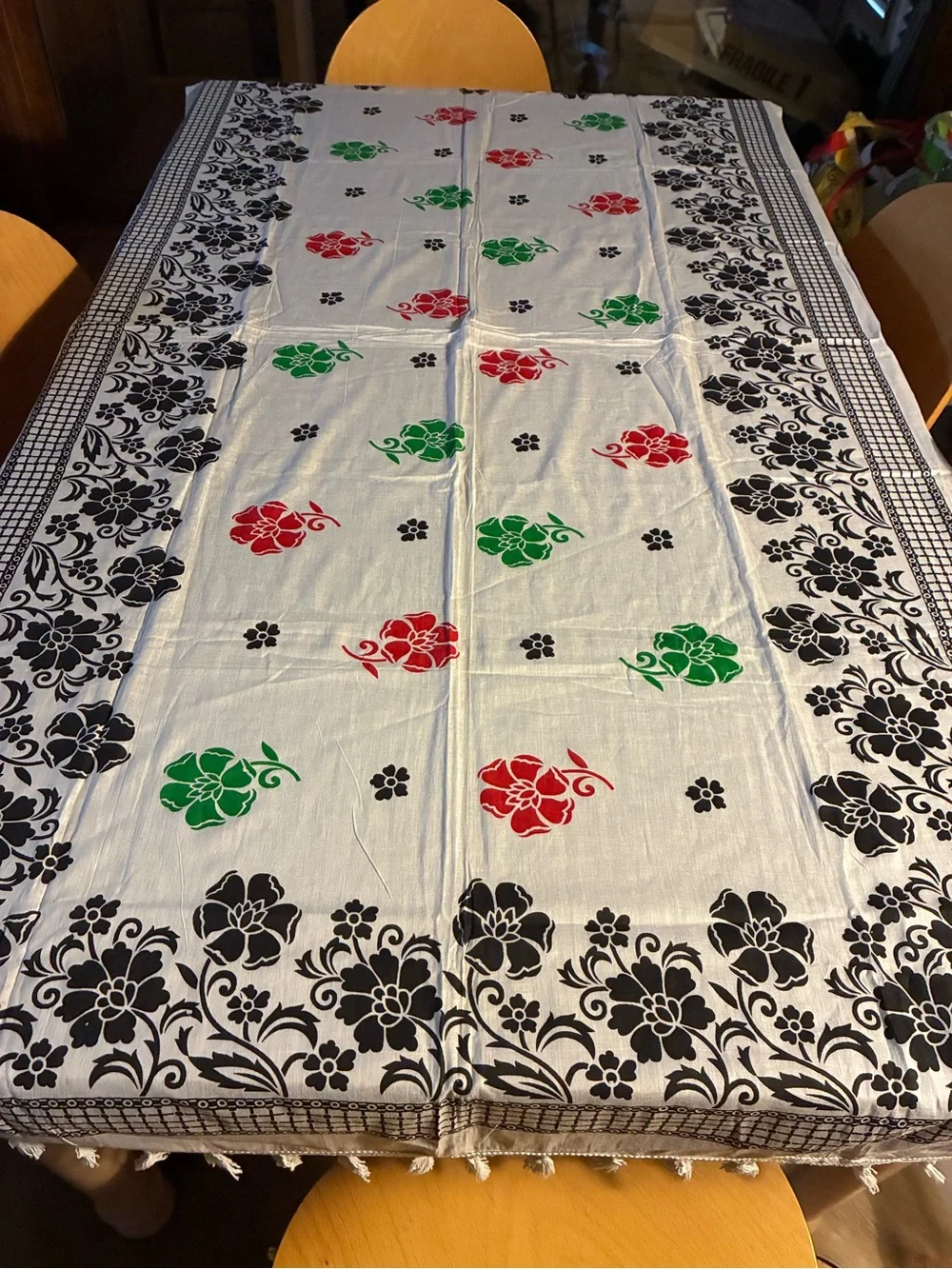Floral Tassel Tablecloth White/ Red/Green/Black Accents Tablecloth Fits 65”X38”
